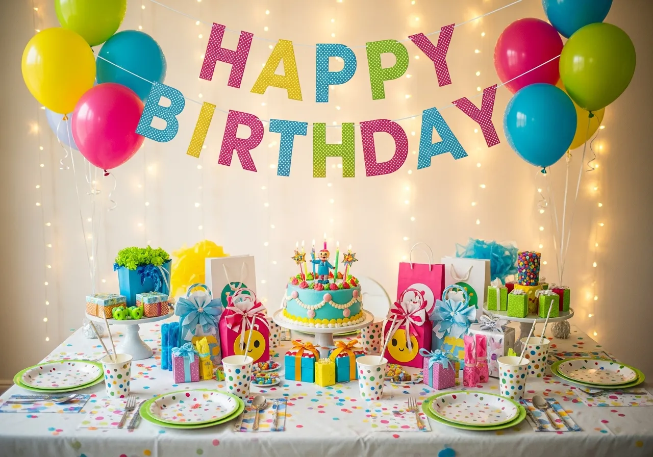 Birthday party styling with colorful decorations and themed elements