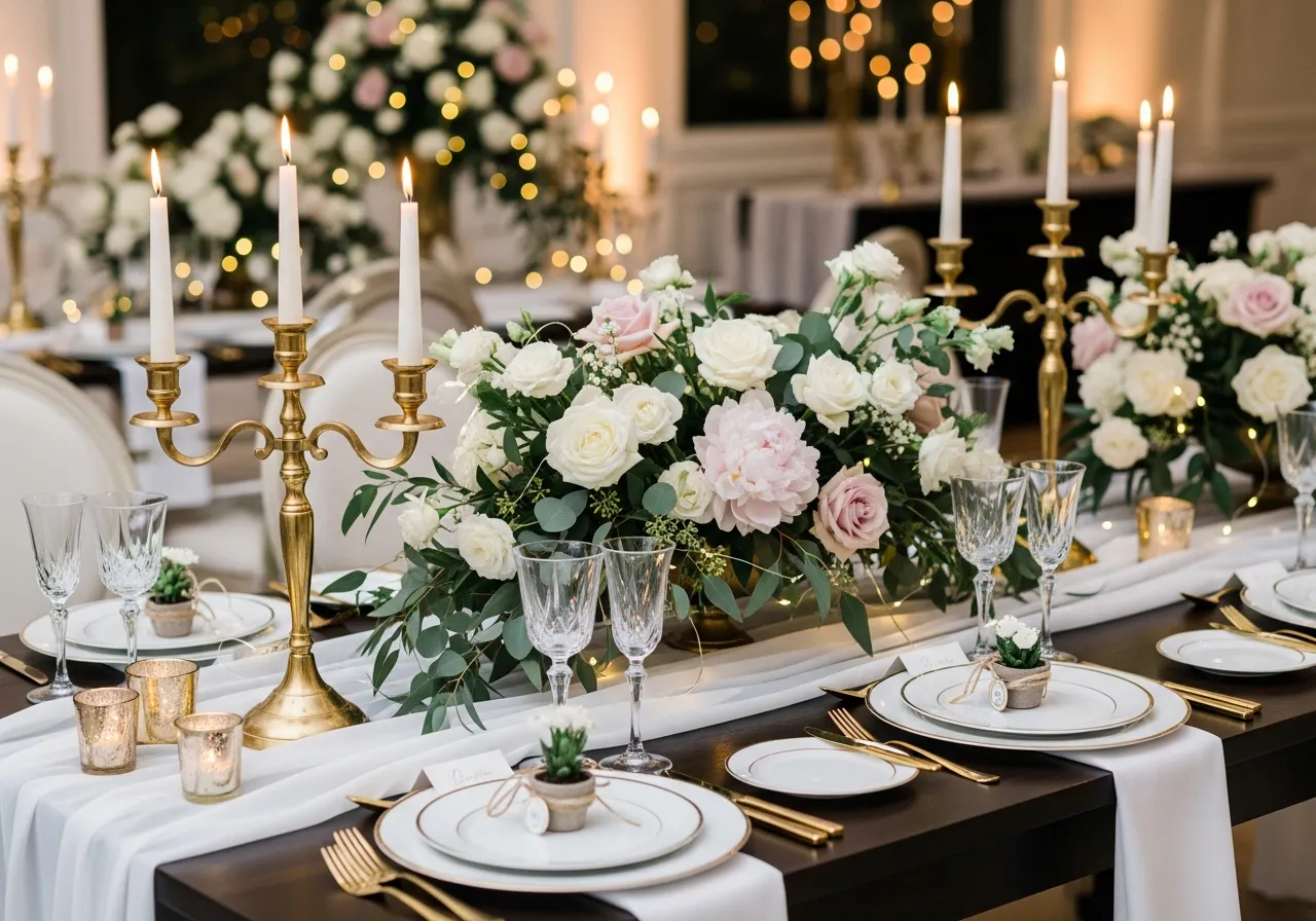 Elegant wedding styling with romantic decorations and floral arrangements