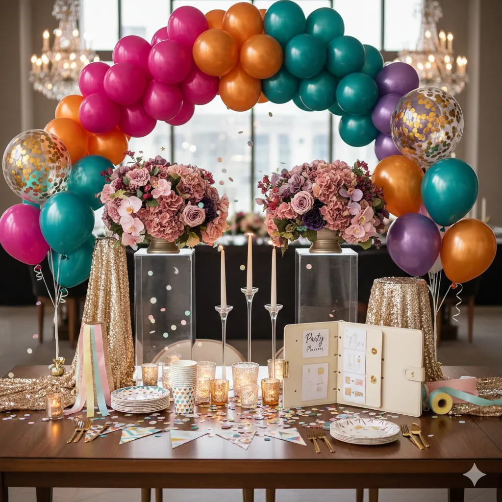 Elegant party styling package with colorful decorations and balloons